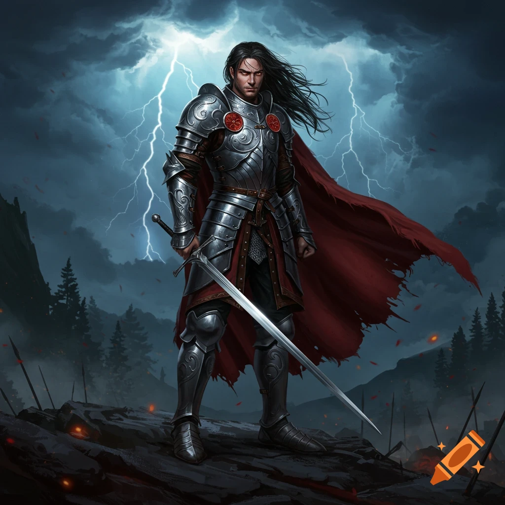 A male warrior in ornate silver armor and a red cape stands on a rocky outcrop, holding a sword, under a stormy sky with lightning.