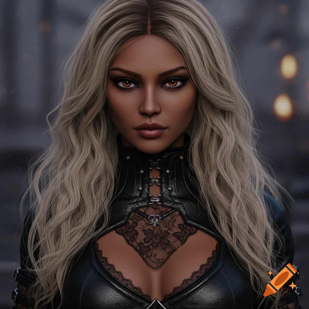 Photorealistic portrait of a woman with blonde hair, tanned skin, and brown eyes, wearing a black gothic leather and lace top.