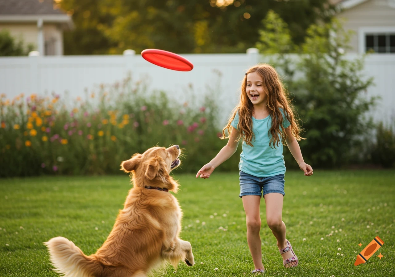 A photorealistic image of a young girl and a Golden Retriever playing with a red frisbee in a sunny green backyard.