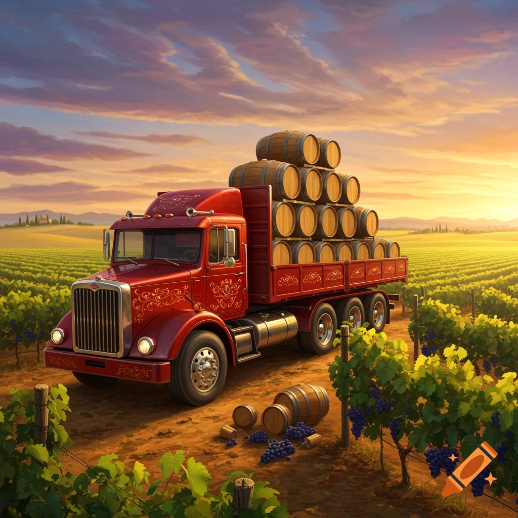 A red truck loaded with wine barrels drives through a sunlit vineyard at sunset, with more barrels and grapes on the ground.