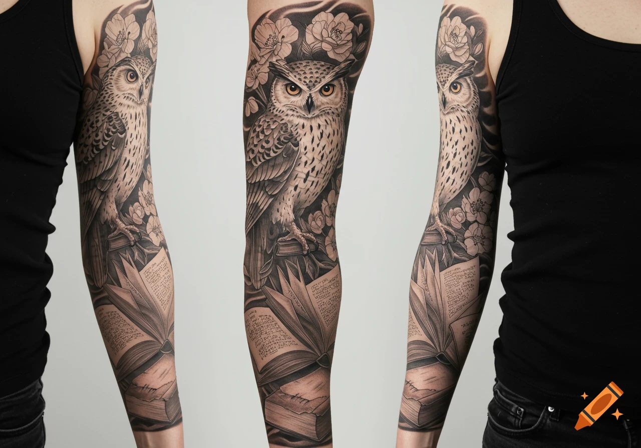 A detailed, grayscale full arm sleeve tattoo featuring an owl perched on open books with flowers.