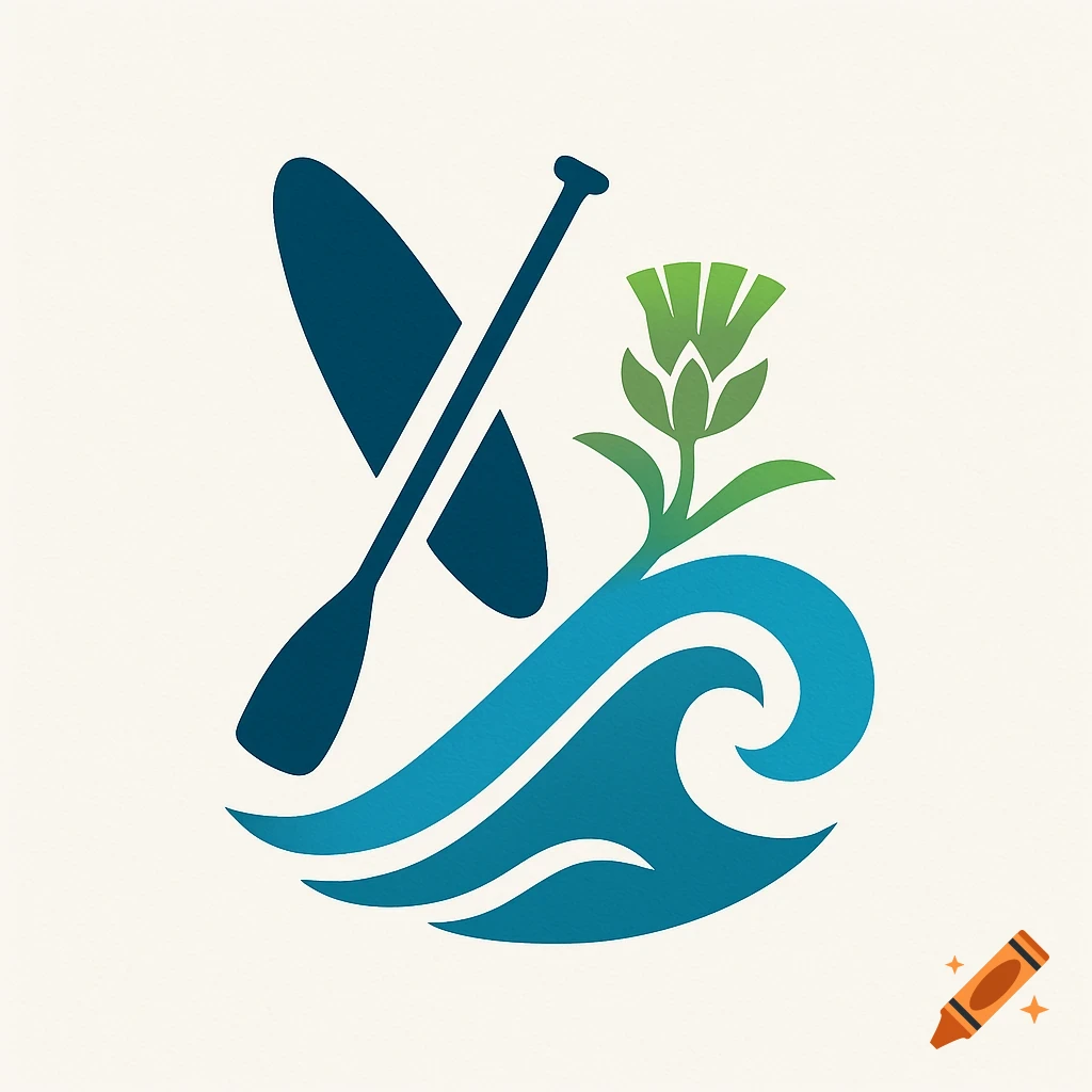 An abstract logo featuring a dark blue paddleboard and paddle crossed over stylized blue waves, with a green Scottish thistle emerging from the waves.