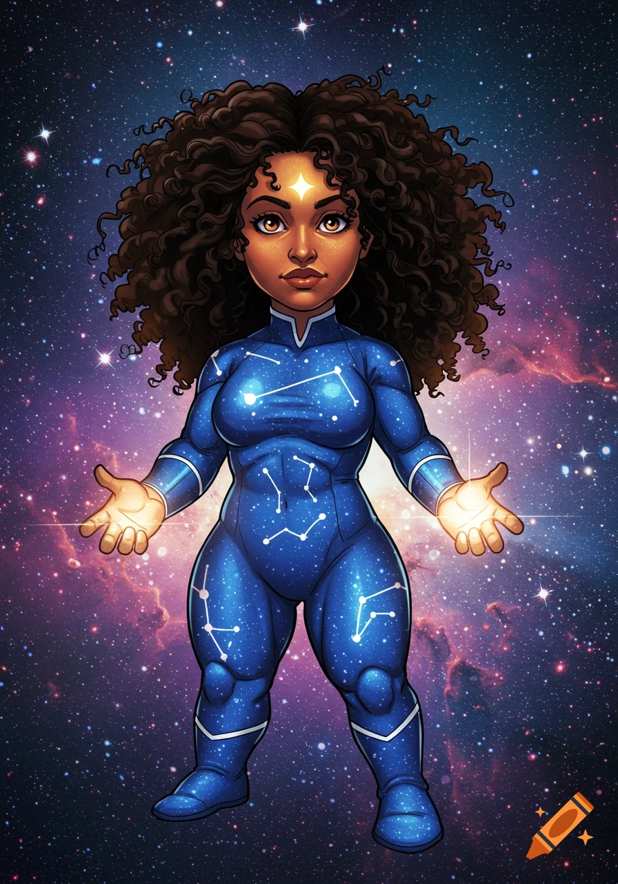 A stylized superhero woman in a cosmic blue suit with glowing hands and curly dark hair, set against a galaxy background in comic book art style.