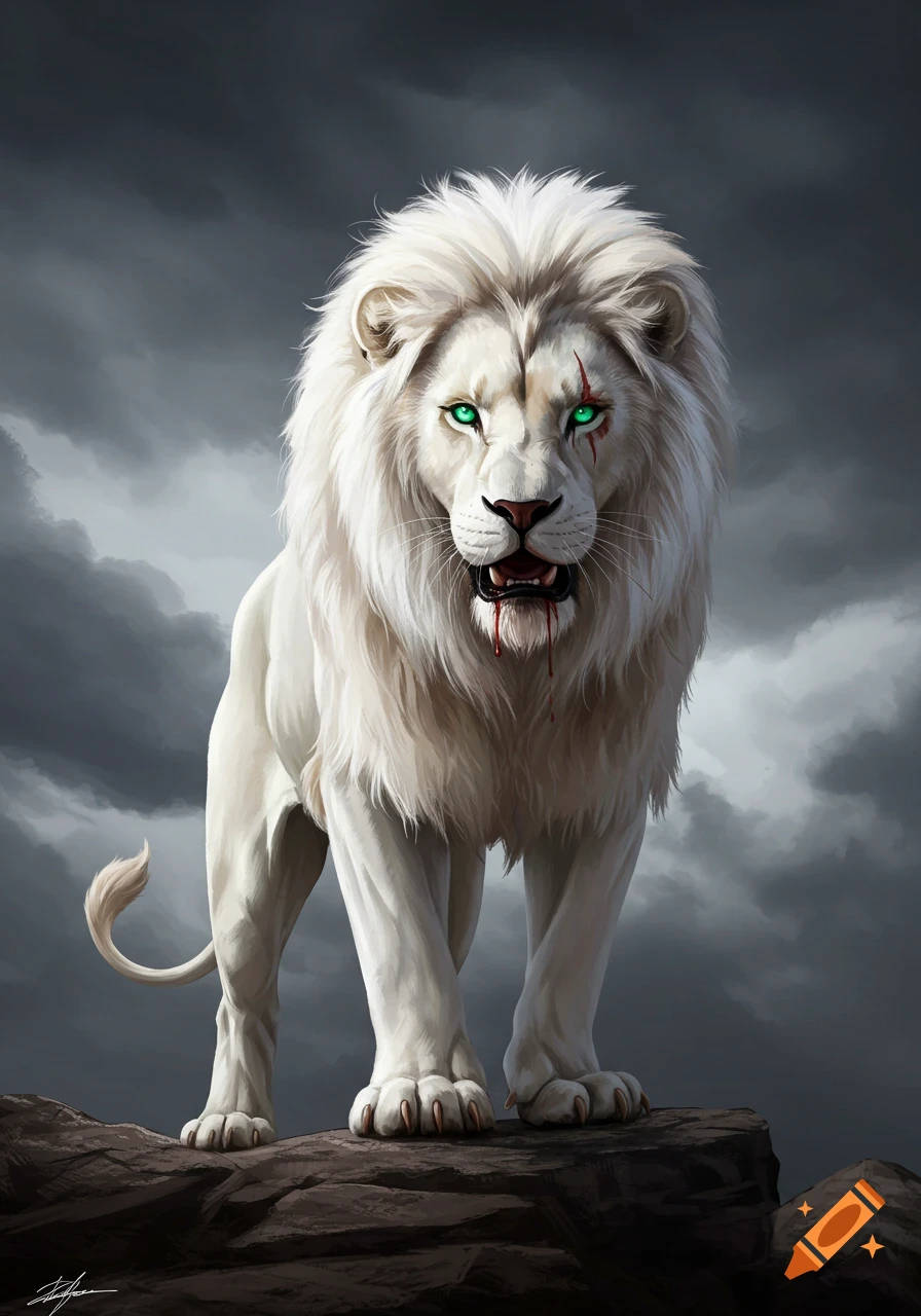 A majestic white lion with glowing green eyes and a scar, blood dripping from its mouth, stands on a rock under a cloudy sky.
