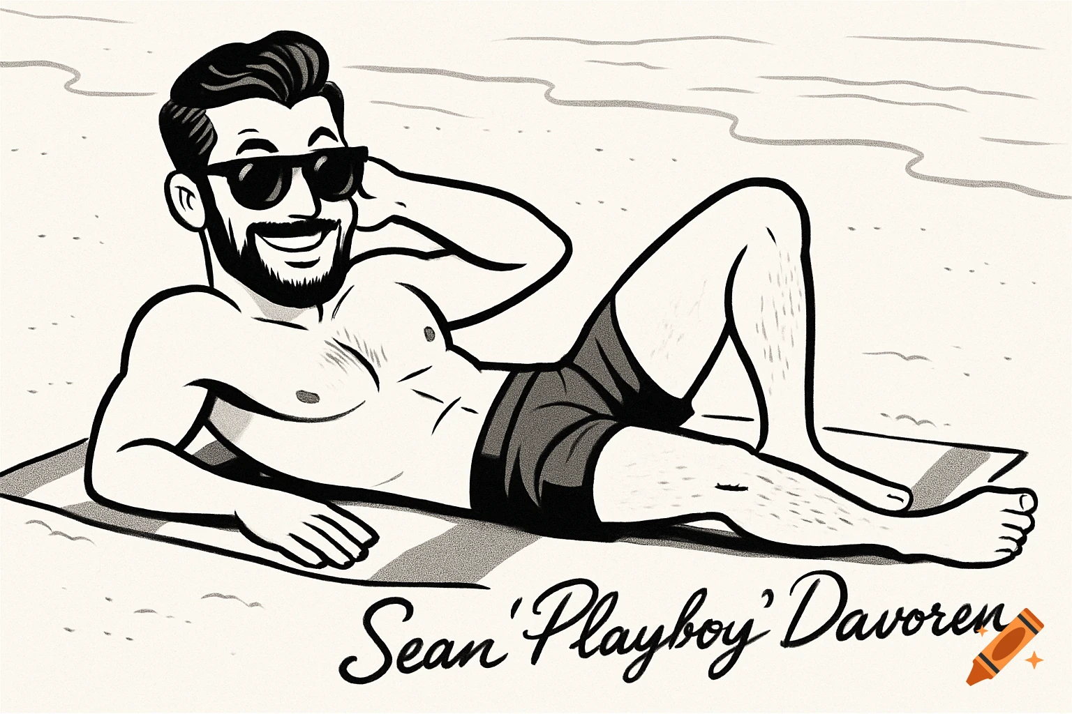 A black and white cartoon illustration of a smiling man with a beard and sunglasses, lying on a beach towel.