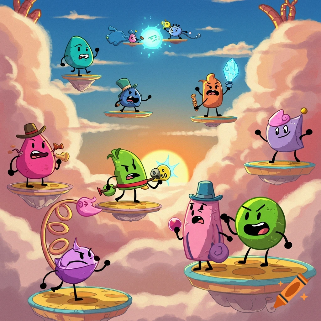 Cartoon anthropomorphic object characters float on platforms in a cloudy sky with a sunset.