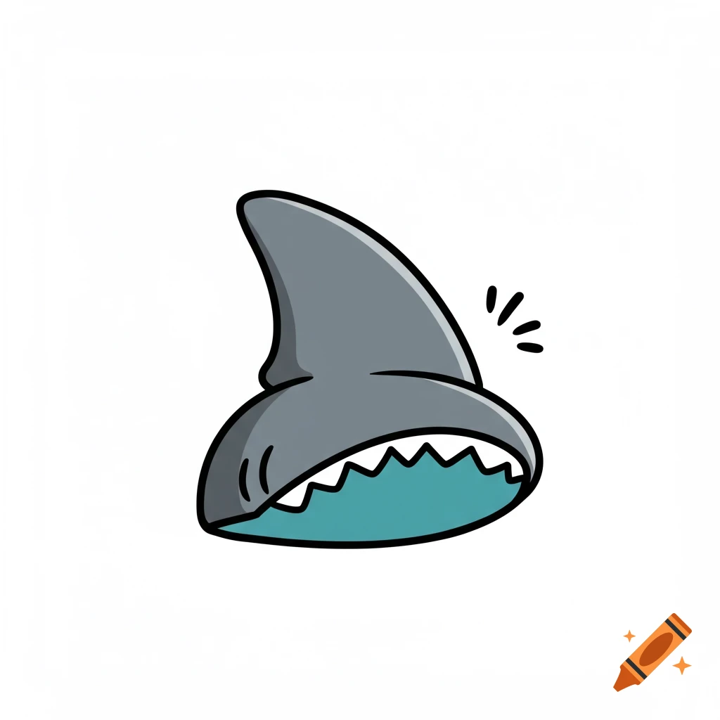 A cartoon gray shark fin hat with a teal underside and white teeth-like patterns on a white background.