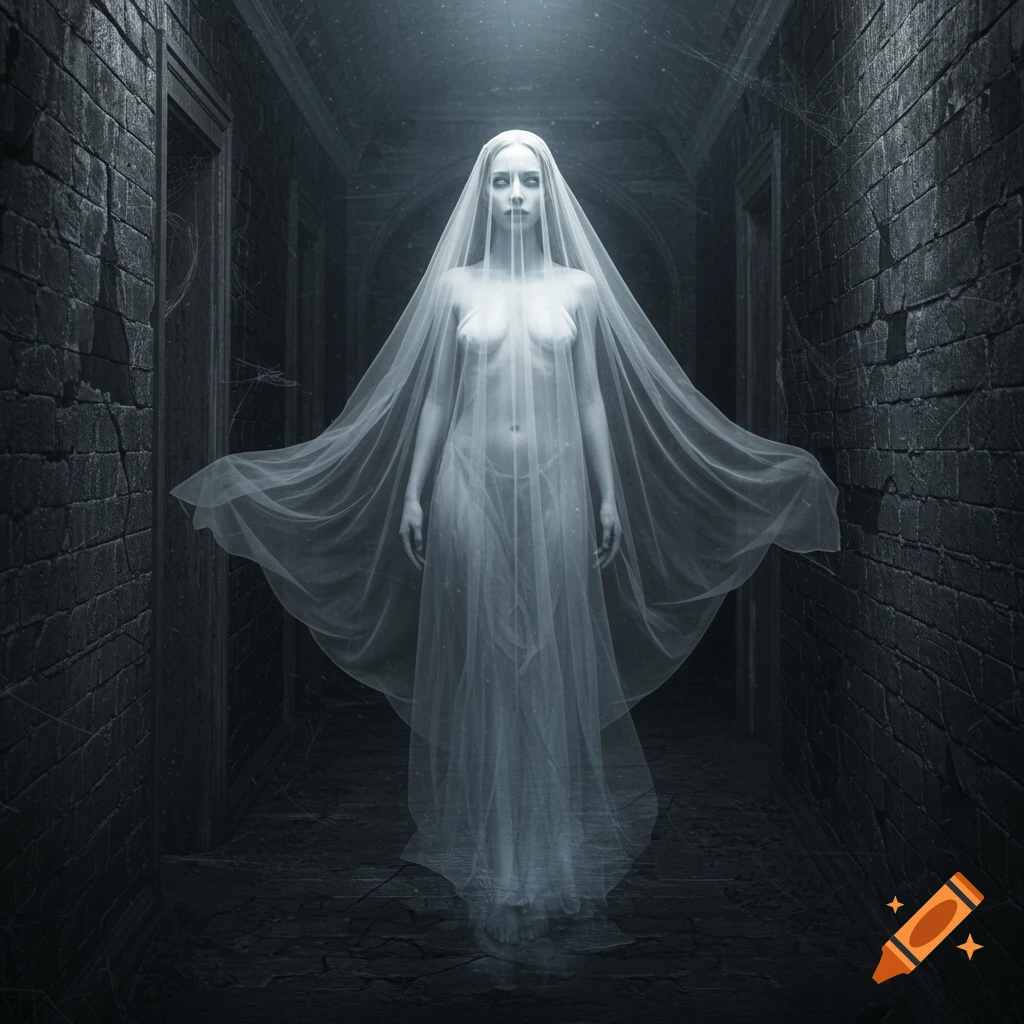 A ghostly woman in a sheer white veil stands in a dark, derelict hallway with brick walls and cobwebs, illuminated by a faint glow.