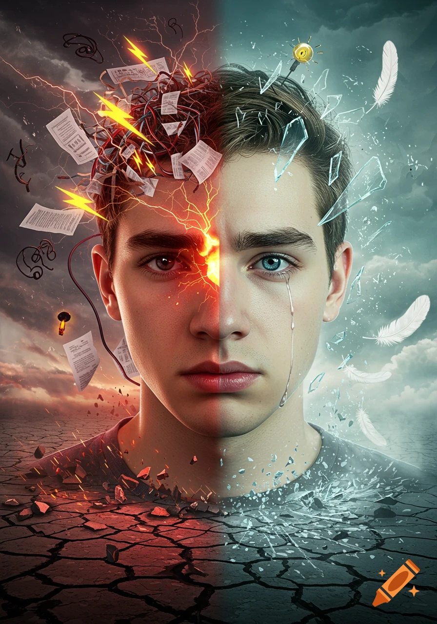 A surreal digital painting of a young man's face split in two, symbolizing chaos and sensitivity.