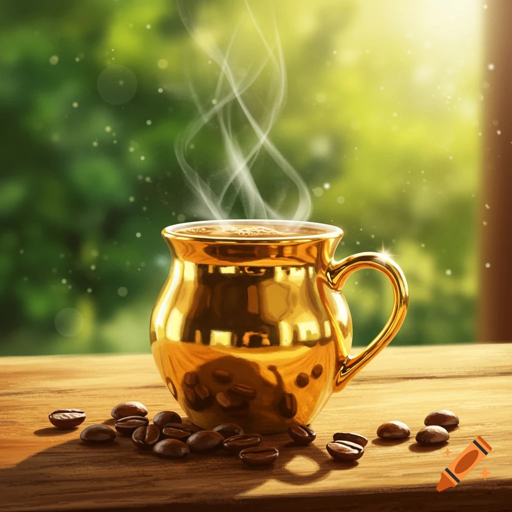 A steaming golden coffee cup on a wooden table with coffee beans scattered around, set against a blurry green background.