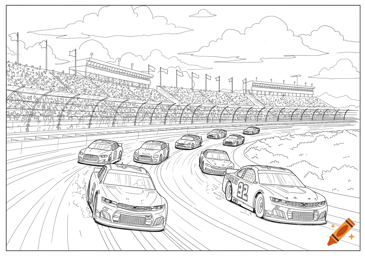 Line art illustration of NASCAR race cars on a track with a grandstand full of spectators.