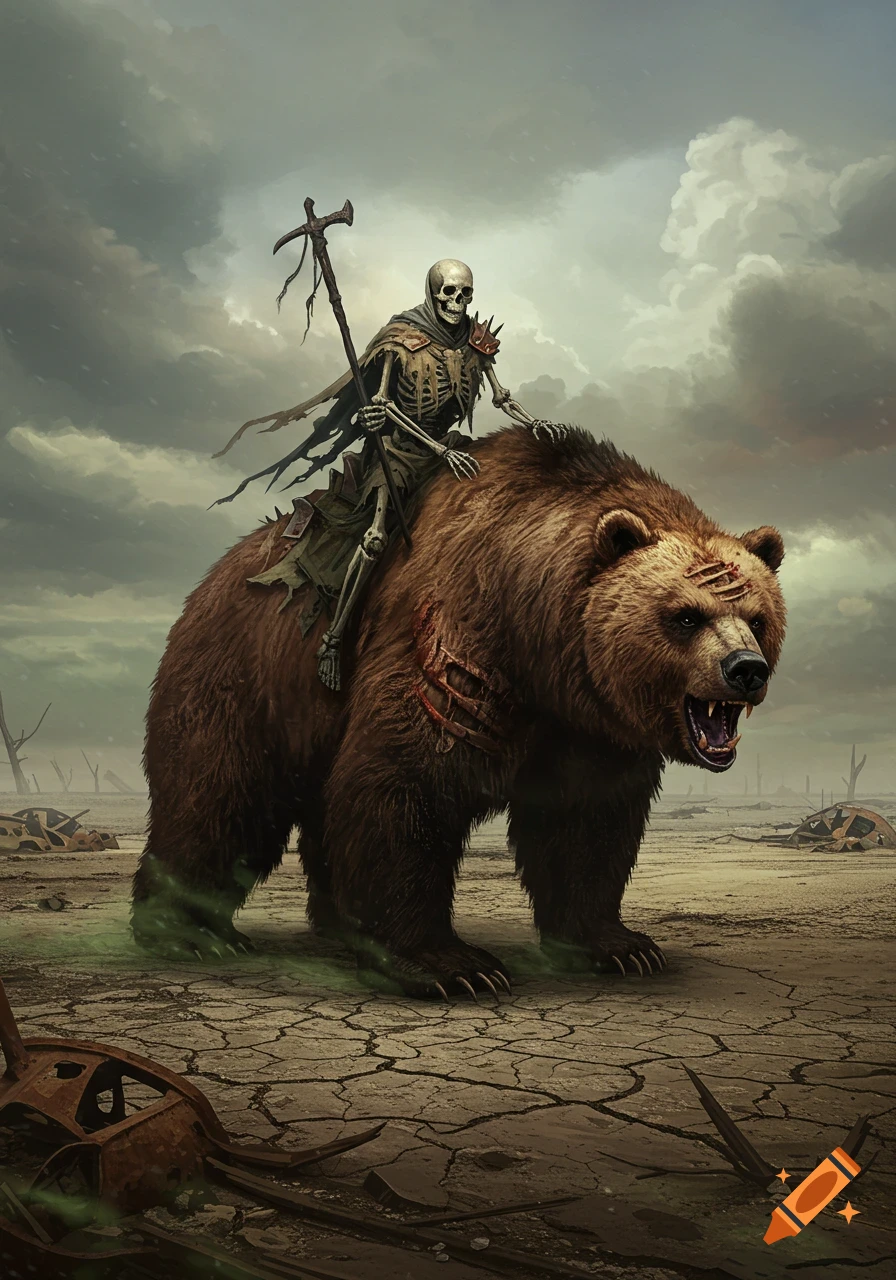 A skeletal figure with a staff rides a large, scarred brown bear through a desolate, cracked wasteland under a stormy sky.