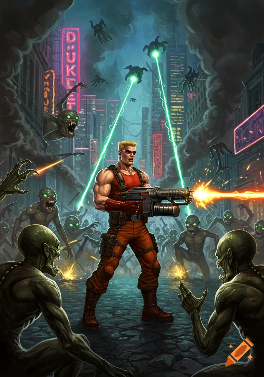 Duke Nukem battles green aliens with a gun in a neon-lit futuristic city, with laser beams and smoke.