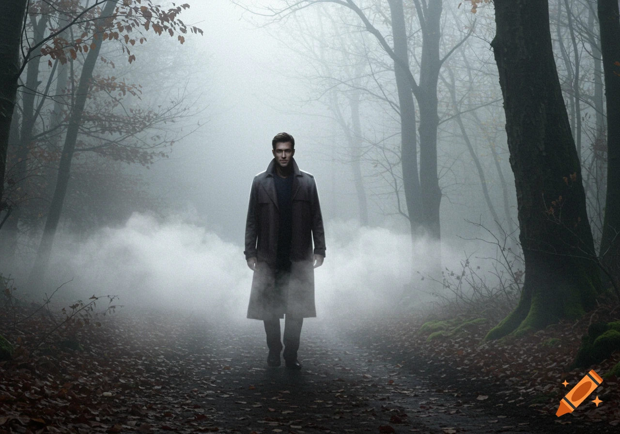 A photorealistic image of a man in a trench coat standing in a misty, bare forest with fallen leaves on the ground.