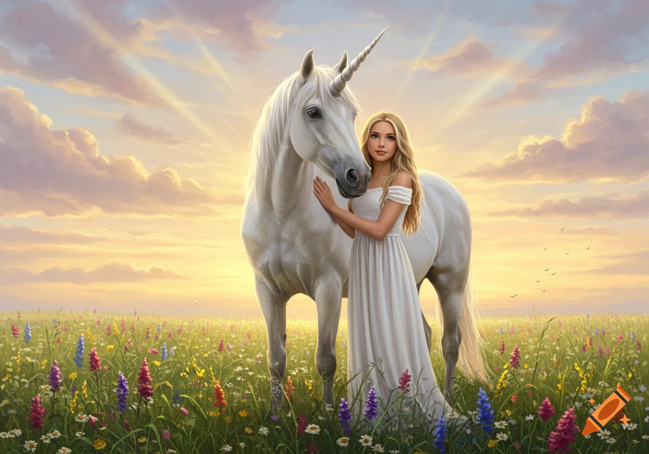 A blonde girl in a white dress stands beside a white unicorn in a field of colorful wildflowers under a beautiful, radiant sunset sky.