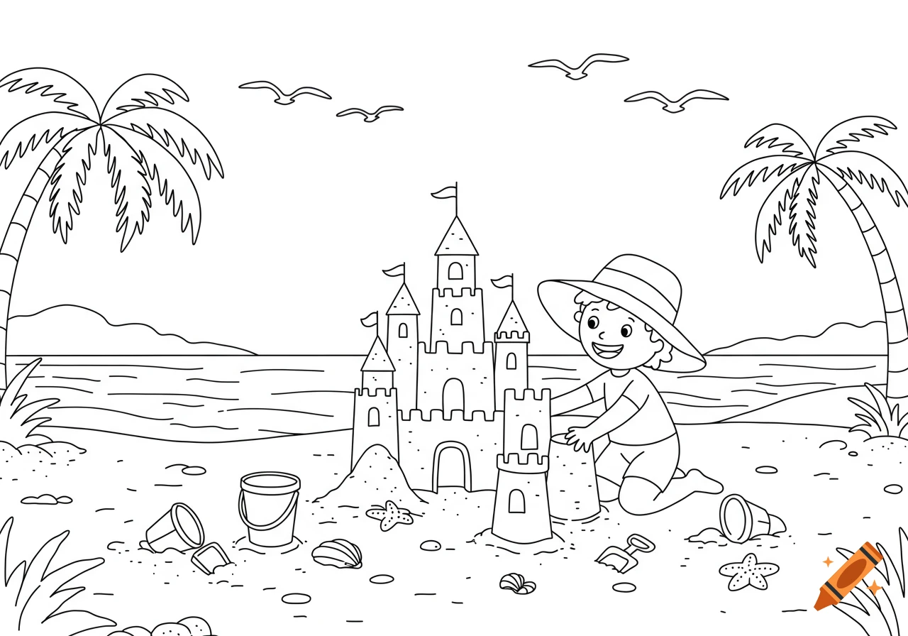 A child builds a large sandcastle on a sunny beach with palm trees and seagulls in a coloring book style.