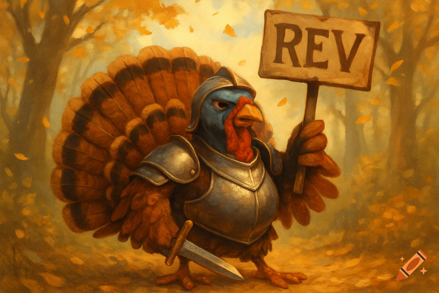 A cute turkey in knight armor holds a sign that reads 'REV' in an autumn forest.