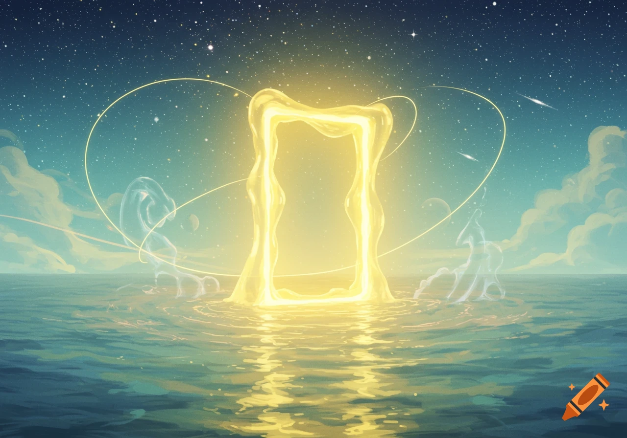 A glowing golden portal rises from calm blue water under a starry night sky with wispy clouds, reflecting its light.