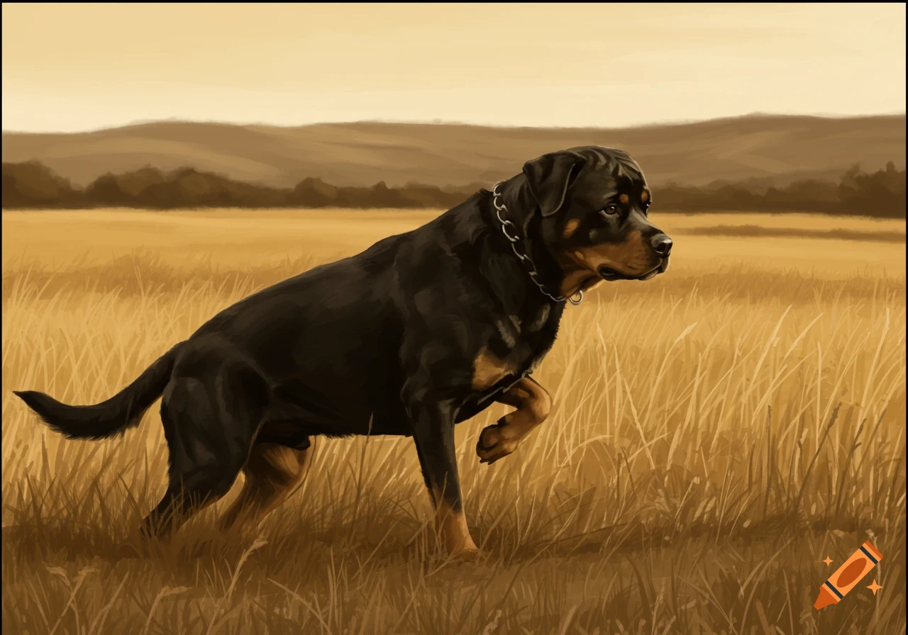 A Rottweiler with a raised paw stands in a golden field under a hazy sky, looking like a digital painting.