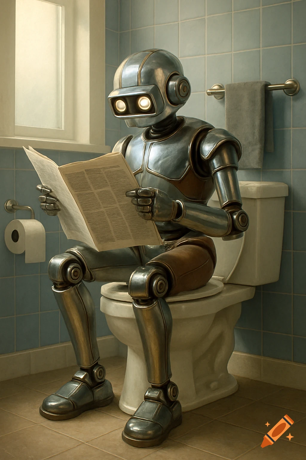 A metallic robot with glowing eyes sits on a toilet in a tiled bathroom, reading a newspaper.