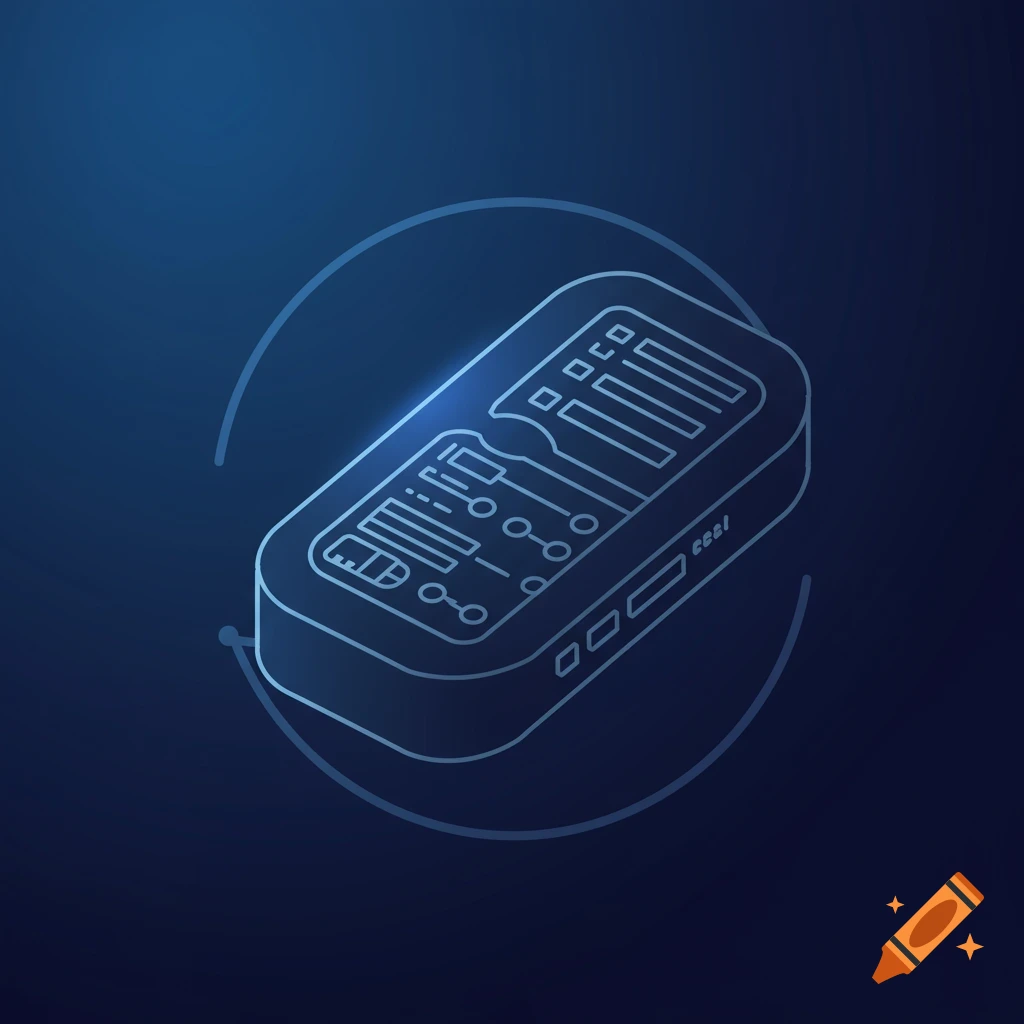 Isometric line art icon of a stylized electronic device or data center component with glowing blue accents on a dark blue background.