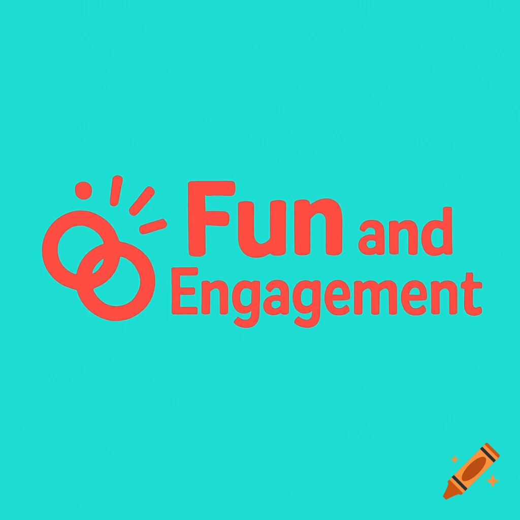 A logo with red text 'Fun and Engagement' and an icon of two interlocking rings on a teal background.