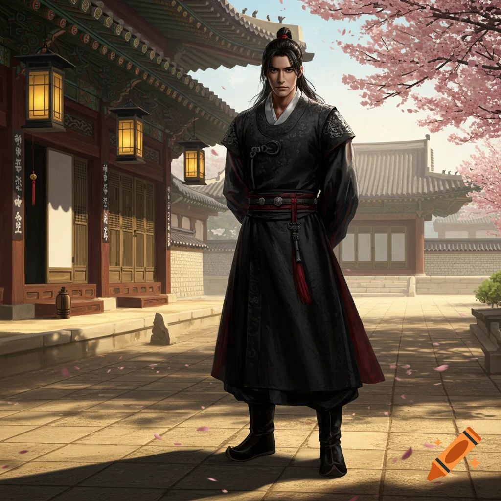 A man in black traditional Korean warrior clothes stands in front of a traditional building with lanterns and cherry blossoms.