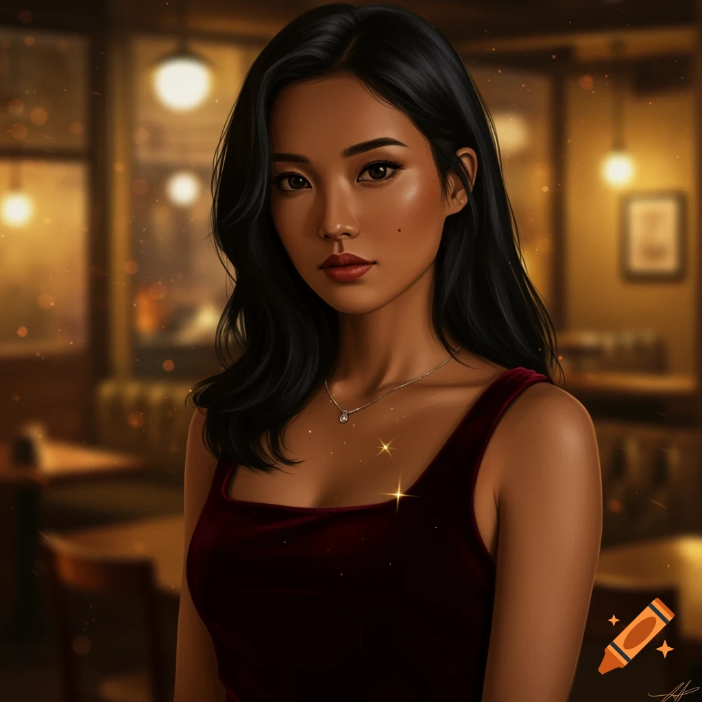 Digital art portrait of a young woman with dark hair and a red velvet top, in a dimly lit restaurant.