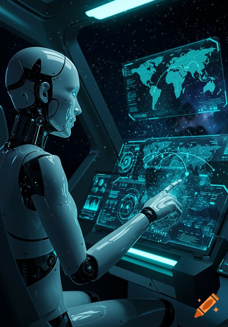 A white robot interacts with a glowing blue futuristic computer interface displaying a world map and data in a dark, star-filled space. Photorealistic.