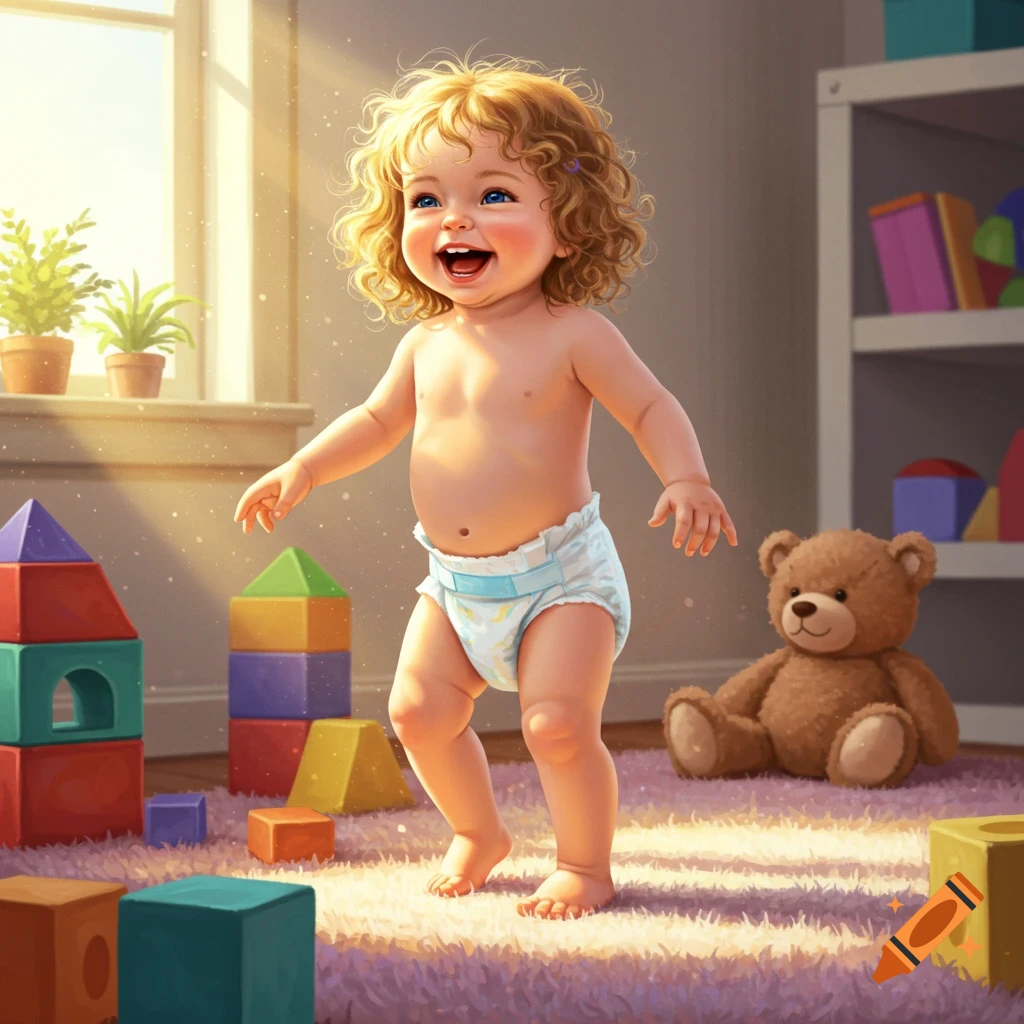 A happy, curly-haired toddler in a diaper stands amidst colorful blocks and a teddy bear in a sunlit room, photorealistic.