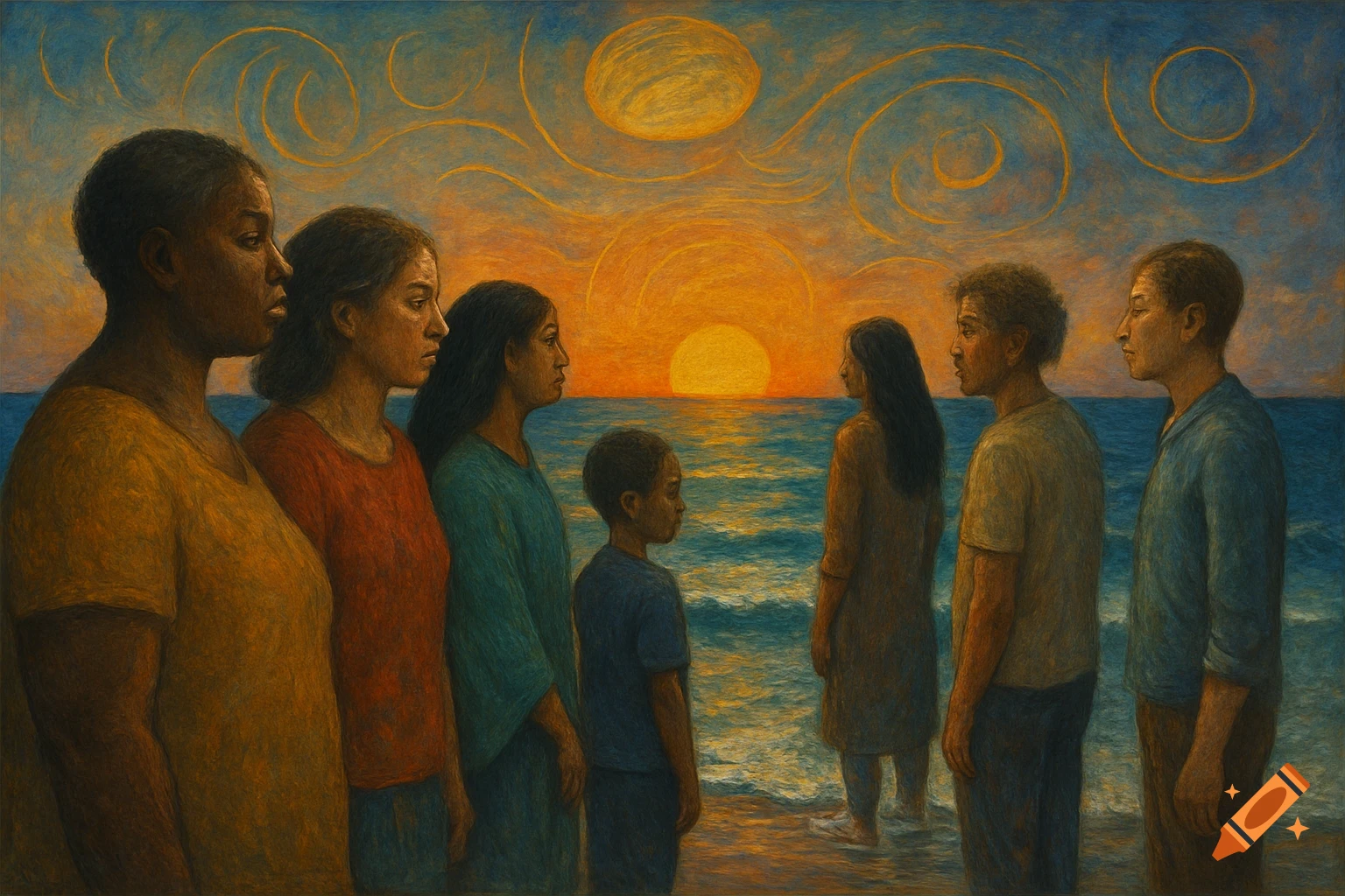 A group of diverse people stand by the ocean at sunset, rendered in a textured, painterly style with swirling sky patterns.
