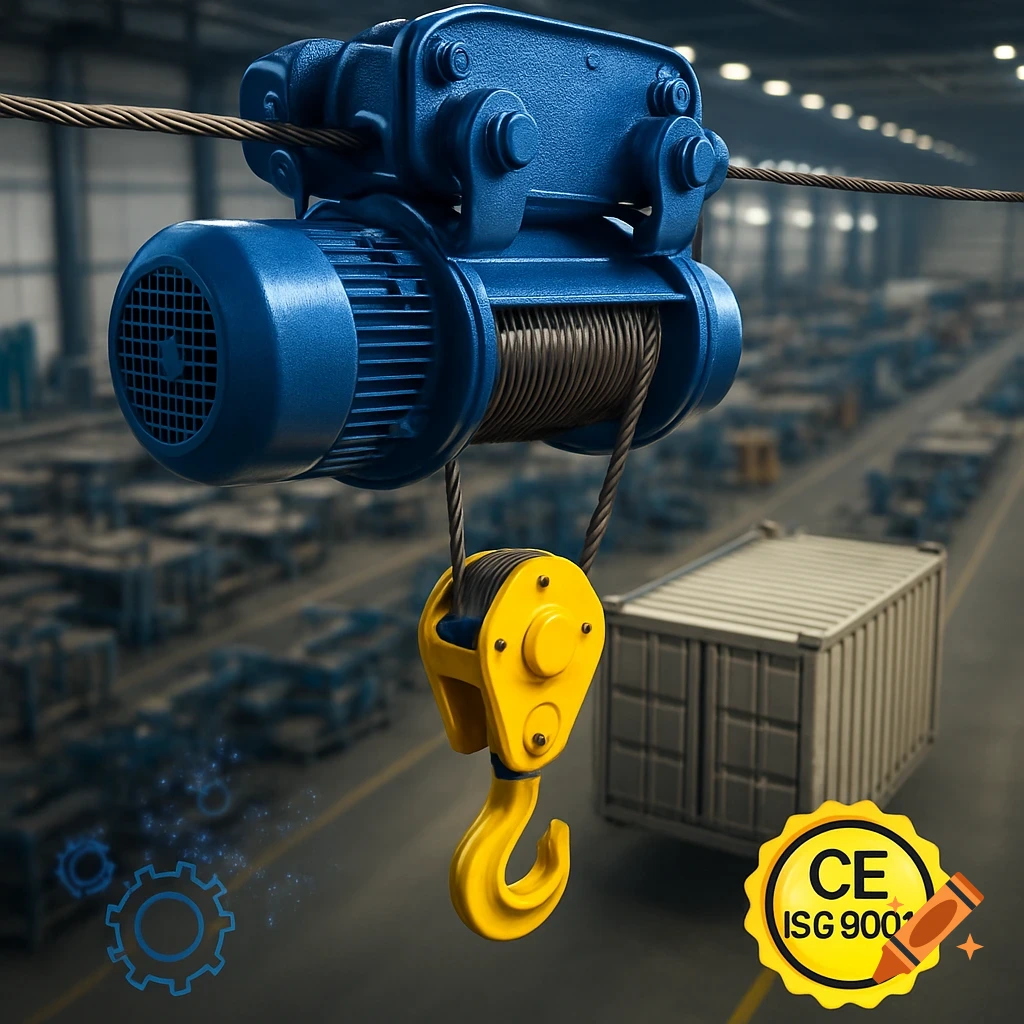 A large blue industrial electric hoist with a yellow hook hangs, holding a taut steel cable above a blurred factory floor with containers. A yellow badge with 'CE ISG 9001' is in the bottom right.