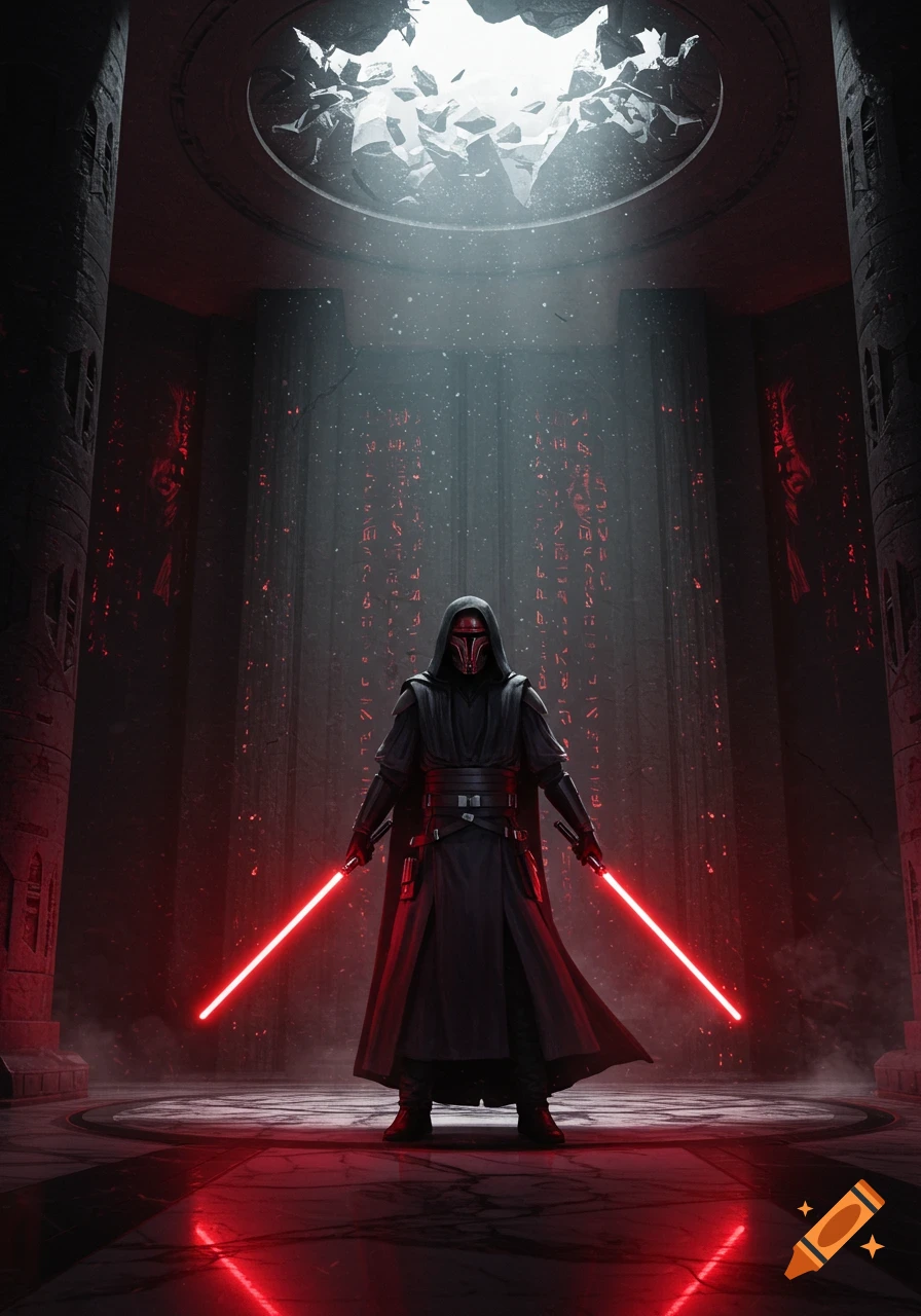 A masked figure in dark robes stands with two red lightsabers in a dimly lit, ancient temple, illuminated by a beam of light from above.