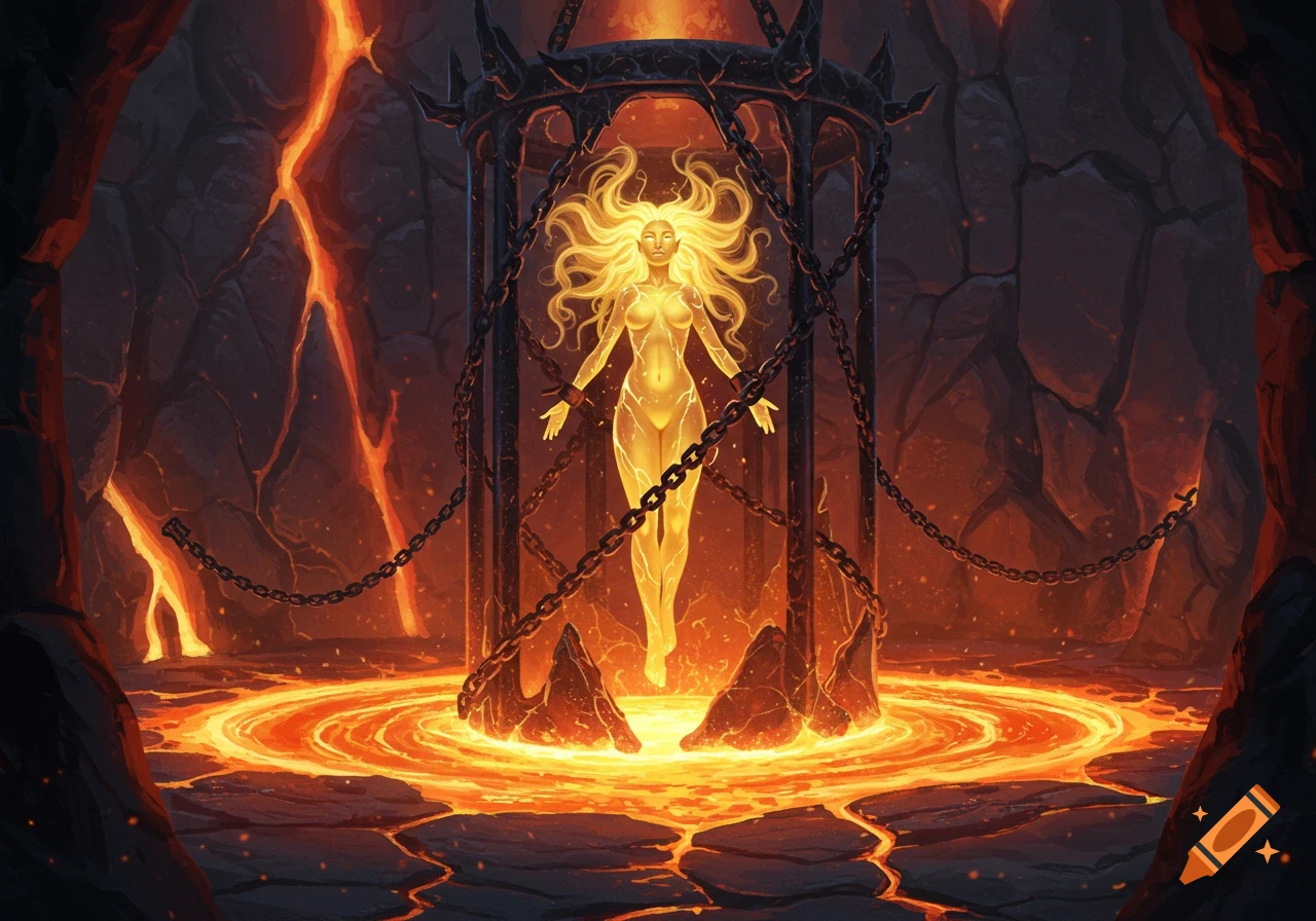 A radiant goddess in a dark cage floats over a magma pool in a volcanic chamber, fantasy digital painting.