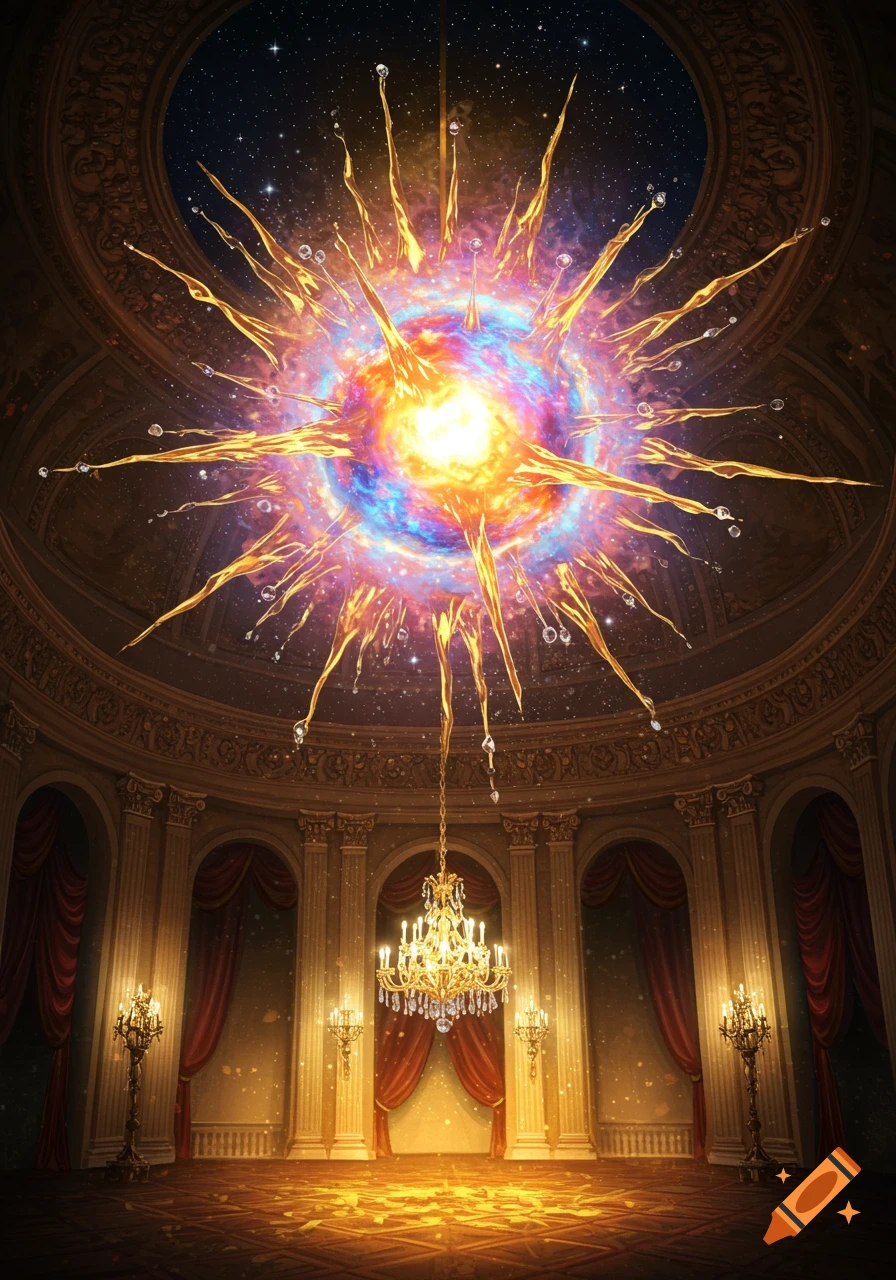 A grand, ornate hall with columns and red curtains is illuminated by a vibrant, exploding supernova chandelier.