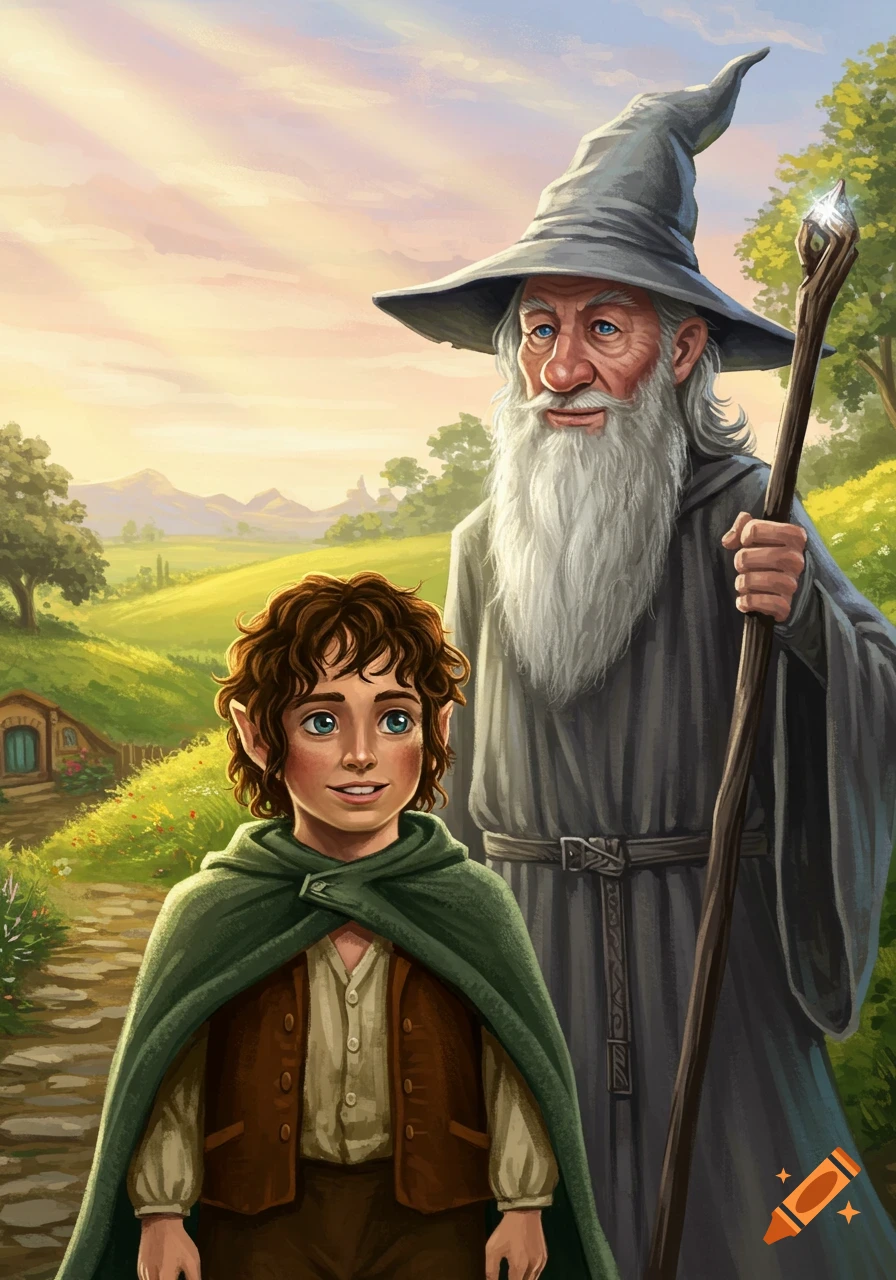 Illustrated portrait of young Frodo and elderly Gandalf standing on a path in a lush, green Shire-like landscape.