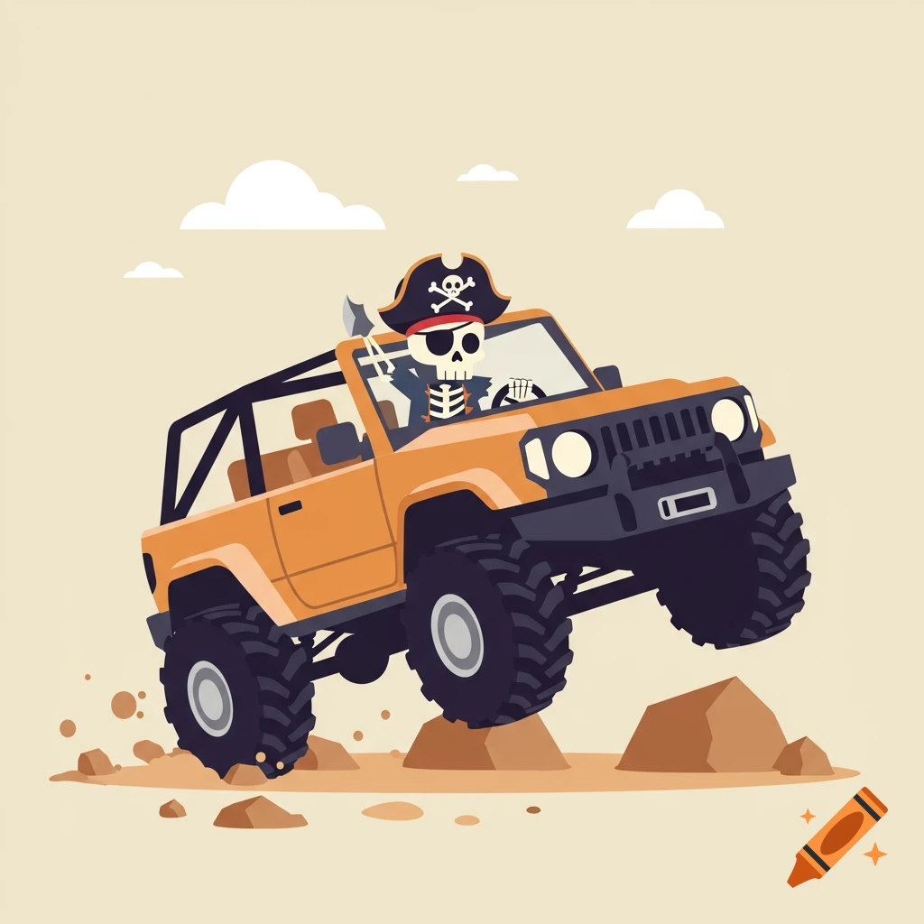 A cartoon skeleton pirate drives an orange off-road jeep over rocks under a light sky.