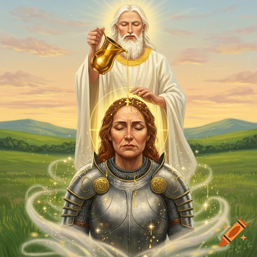 A bearded man in white robes anoints a female warrior in plate armor with golden oil in a sunny, grassy field.