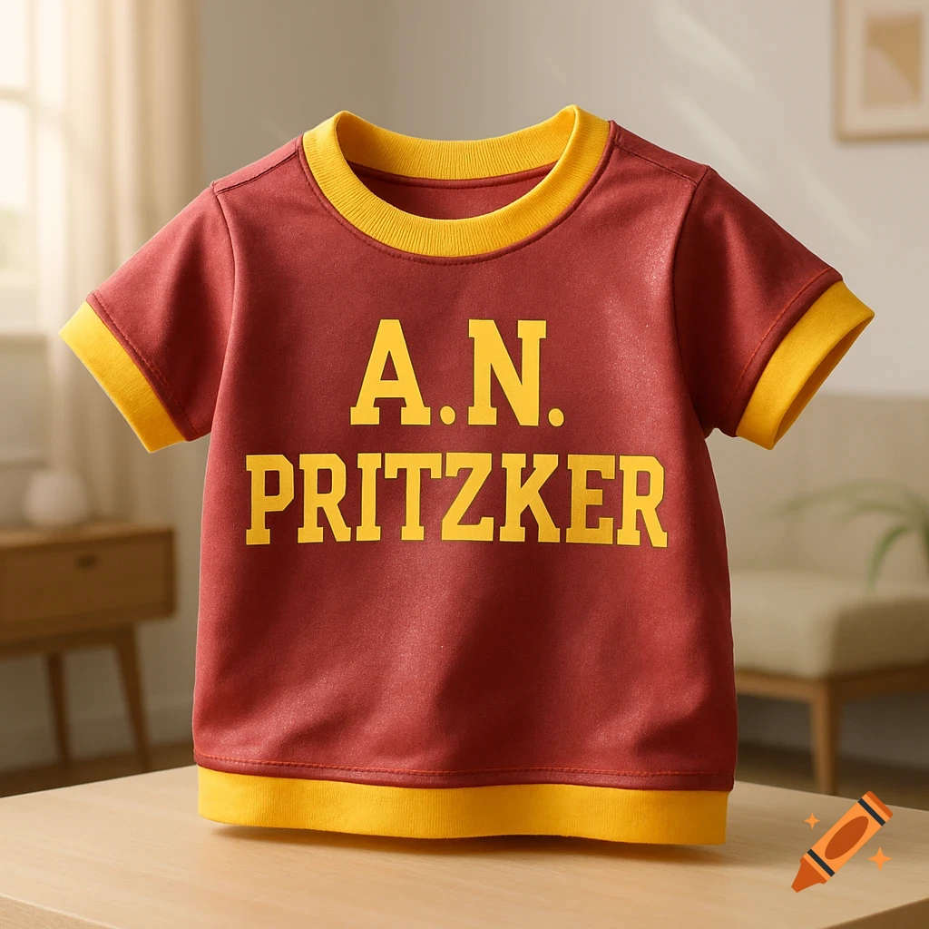 A maroon t-shirt with yellow trim and bold yellow letters spelling "A.N. PRITZKER" across the chest, resting on a wooden surface.