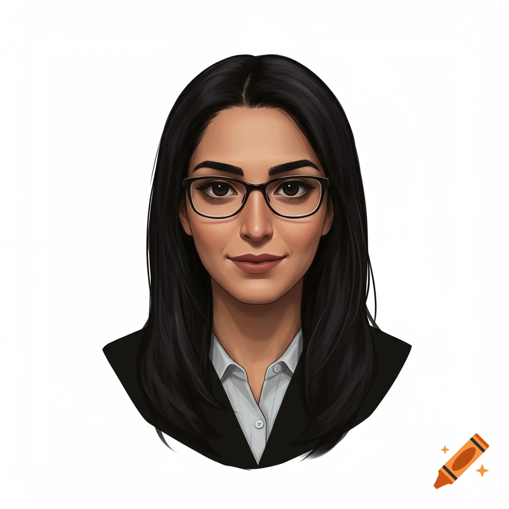 A cartoonish portrait of a woman with long black hair, black eyes, and rectangular glasses, smiling slightly against a white background.