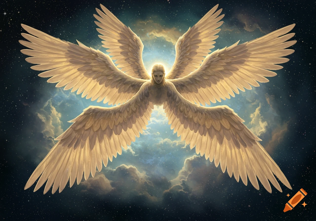 A multi-winged, glowing angel floats gracefully amidst a starry, cloudy celestial background.