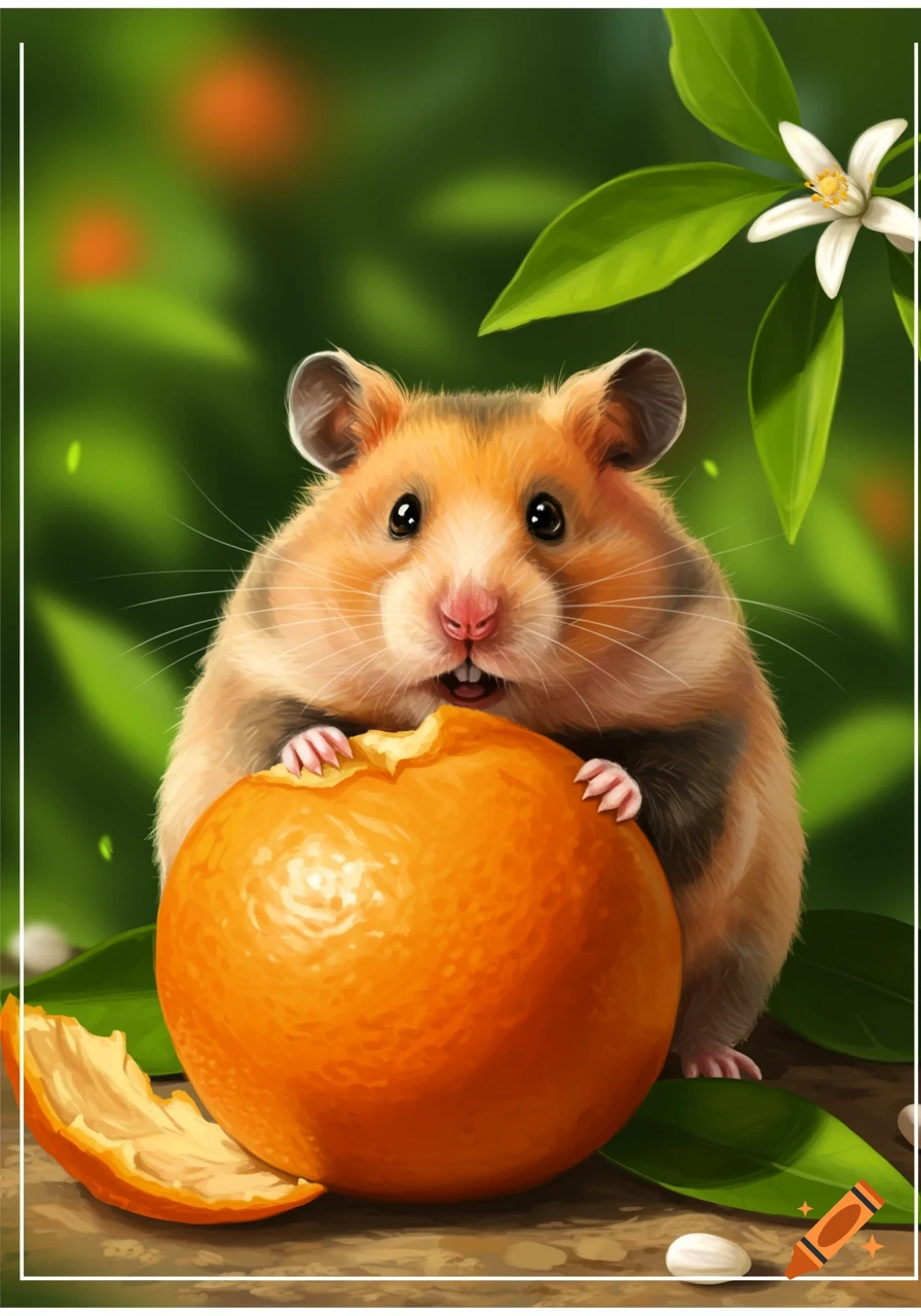 A fluffy brown and orange hamster joyfully eats a large orange, sitting among green leaves and a white flower in an illustration.