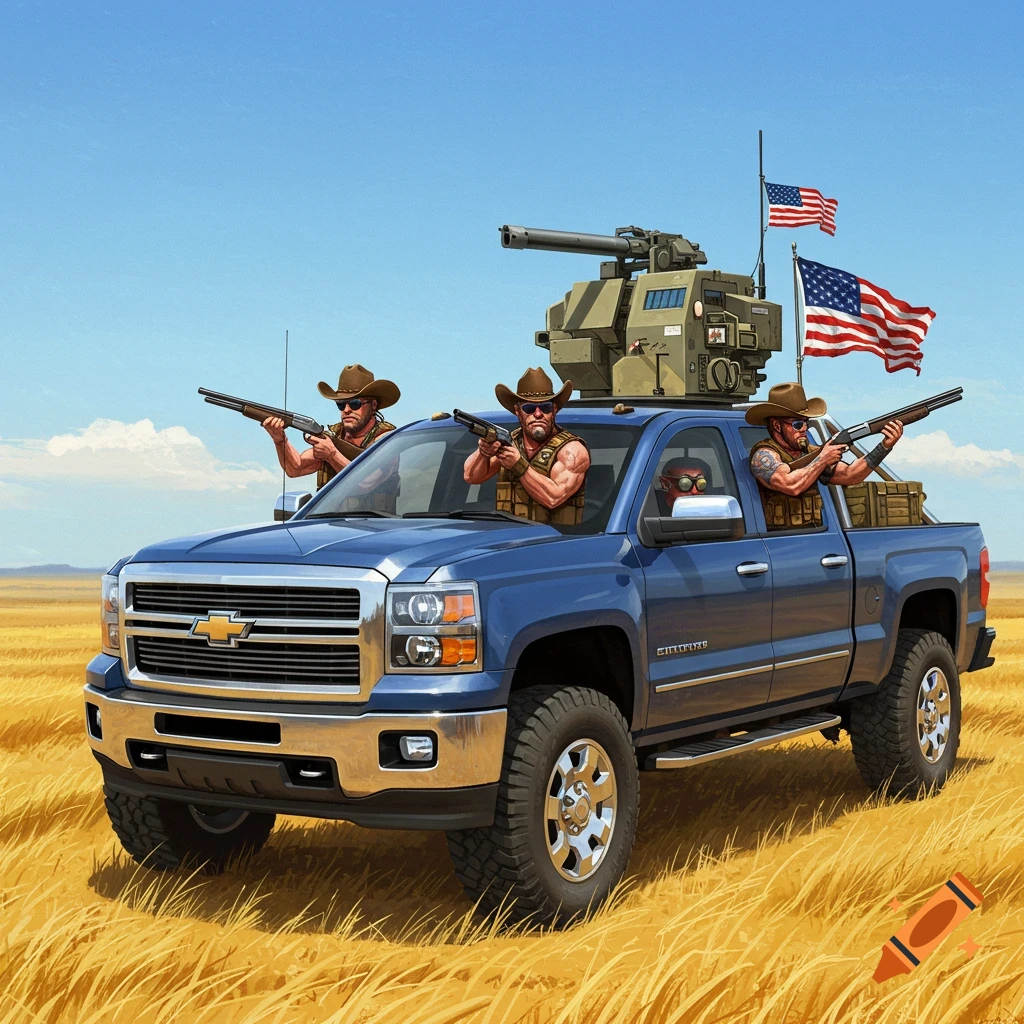 A blue pickup truck in a field with armed men in cowboy hats, a turret in the truck bed, and American flags.