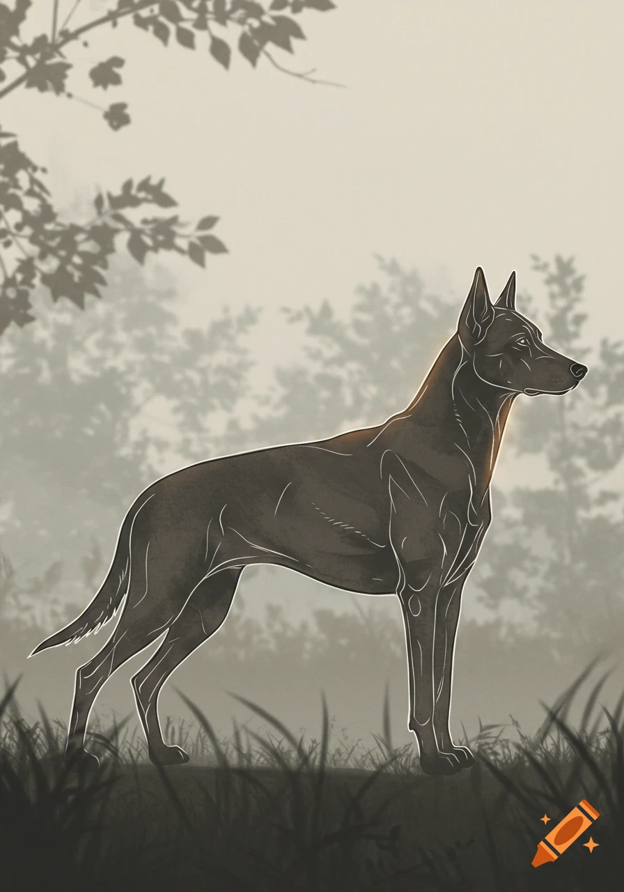 A dark, slender dog with pointed ears stands in profile, outlined against a misty, light background with tree branches and grass.