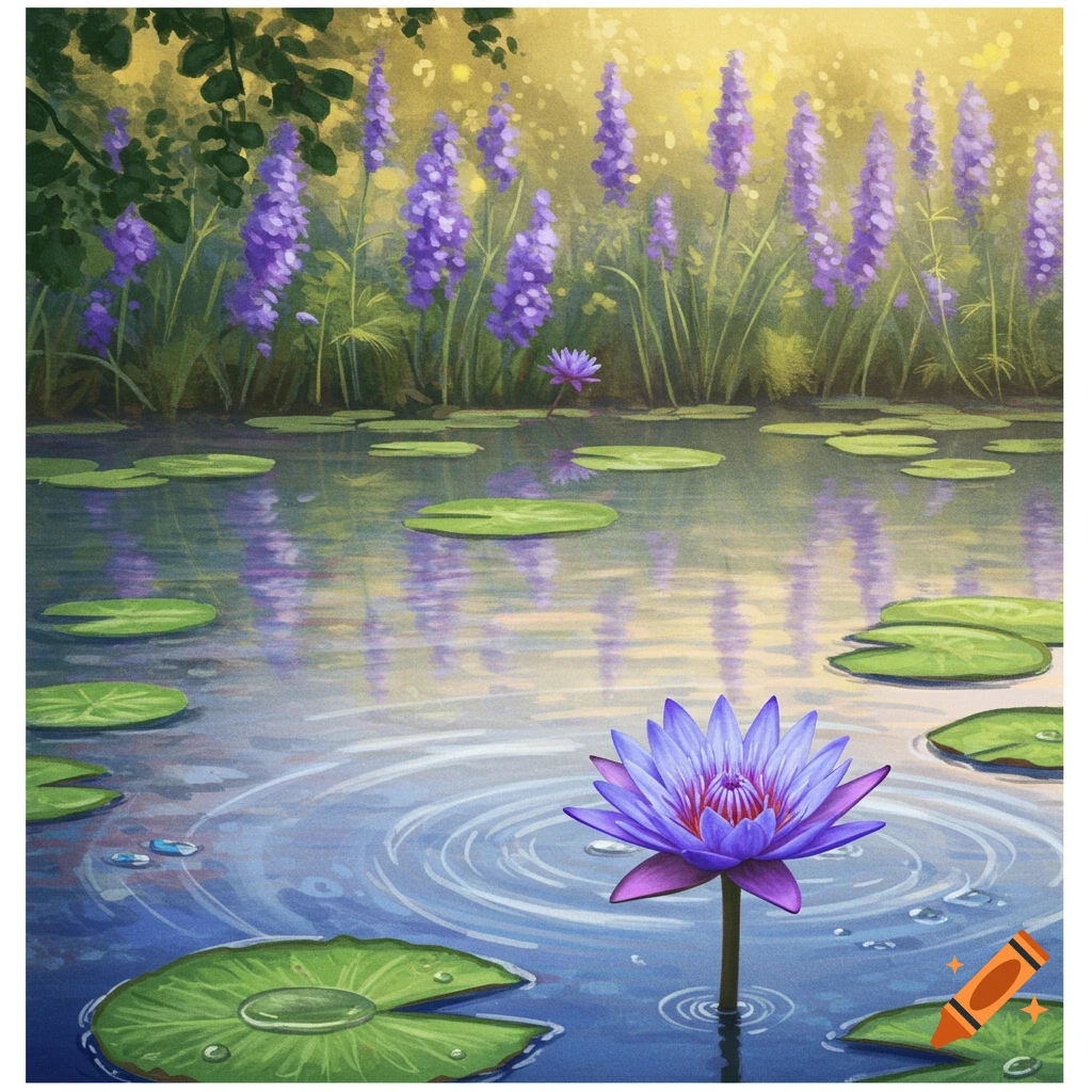 A vibrant purple water lily in a pond with lily pads and ripples, with tall purple larkspur flowers in the background under a golden sky.