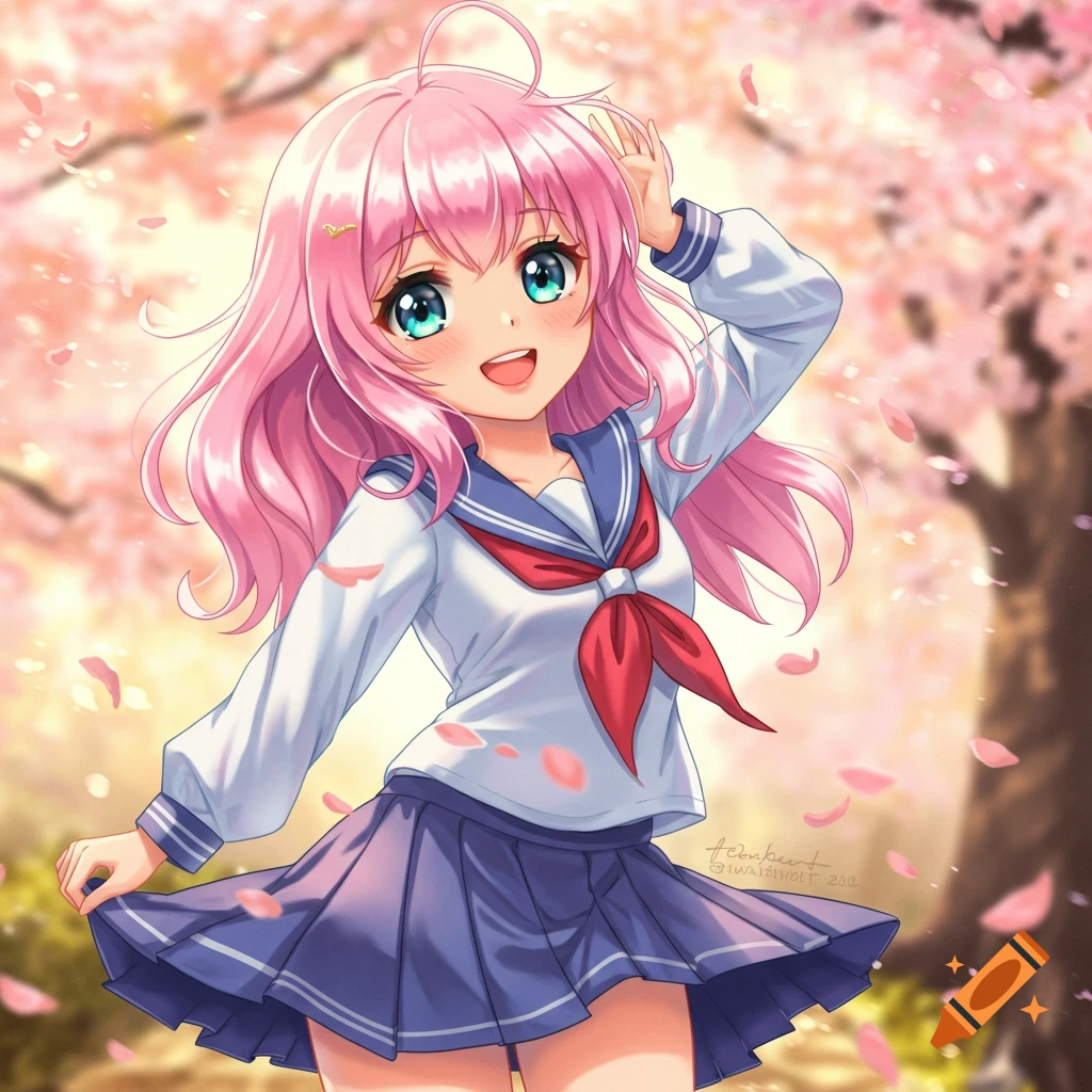 An anime girl with pink hair and blue eyes smiles under falling cherry blossoms, wearing a white school uniform with a blue collar and a red bow, and a dark blue pleated skirt.