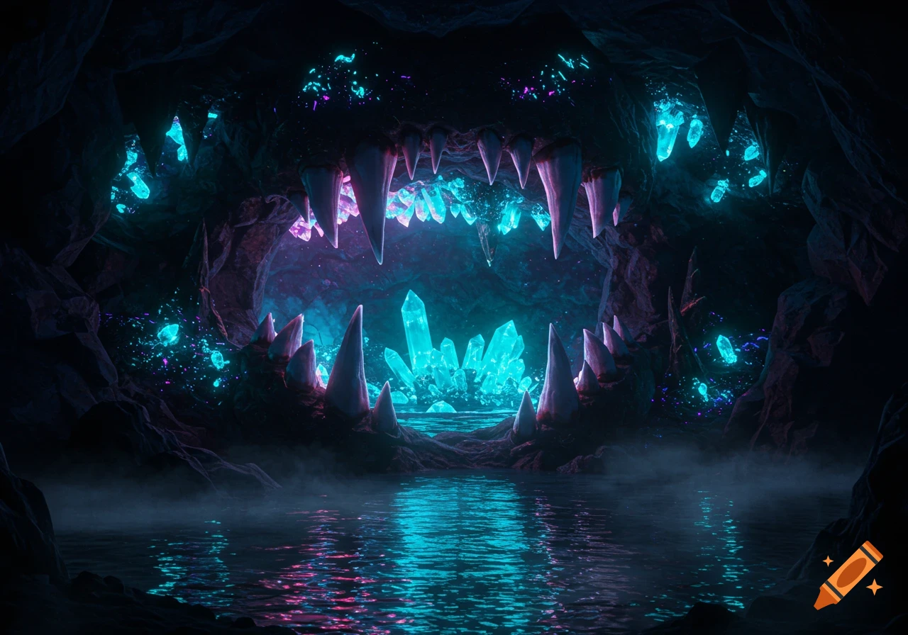 A dark, ominous cave with glowing blue and purple crystals resembling teeth, reflecting in misty water.