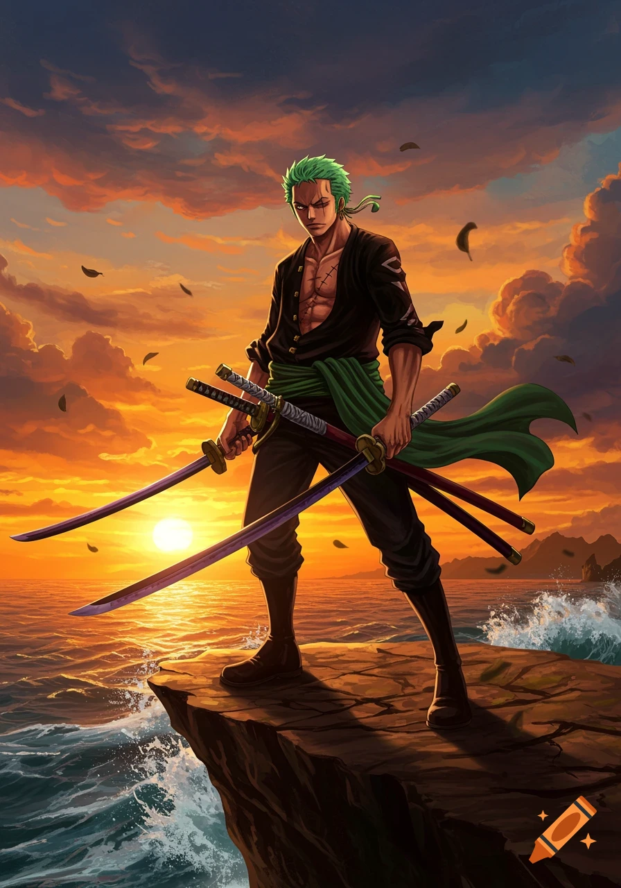Roronoa Zoro stands on a cliff holding three swords against a vibrant sunset over the ocean in an anime illustration.