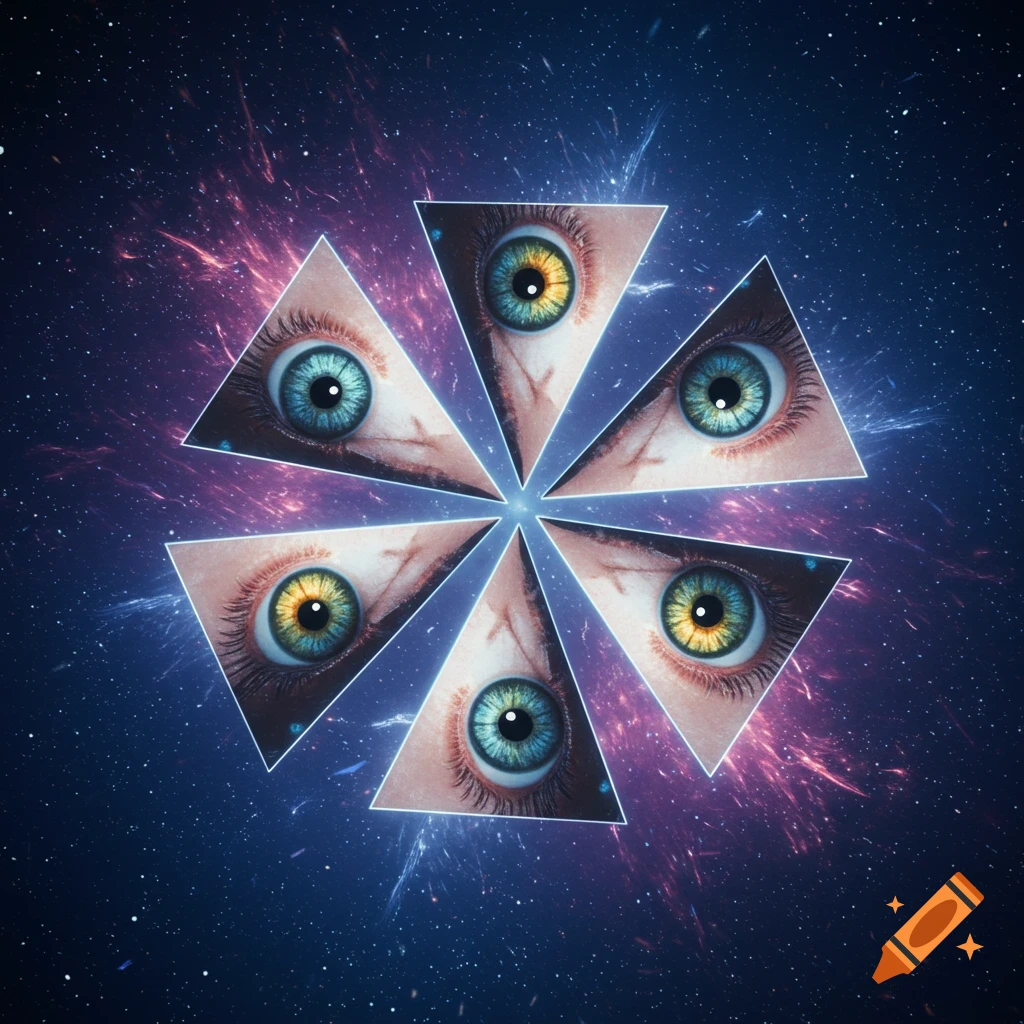 Six triangular sections, each with a human eye, arranged in a circular pattern against a starry space background with nebulae.