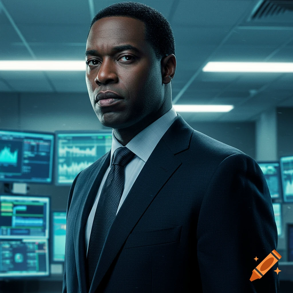 A photorealistic portrait of a serious African American man in a dark suit, standing in a control room with glowing computer screens.
